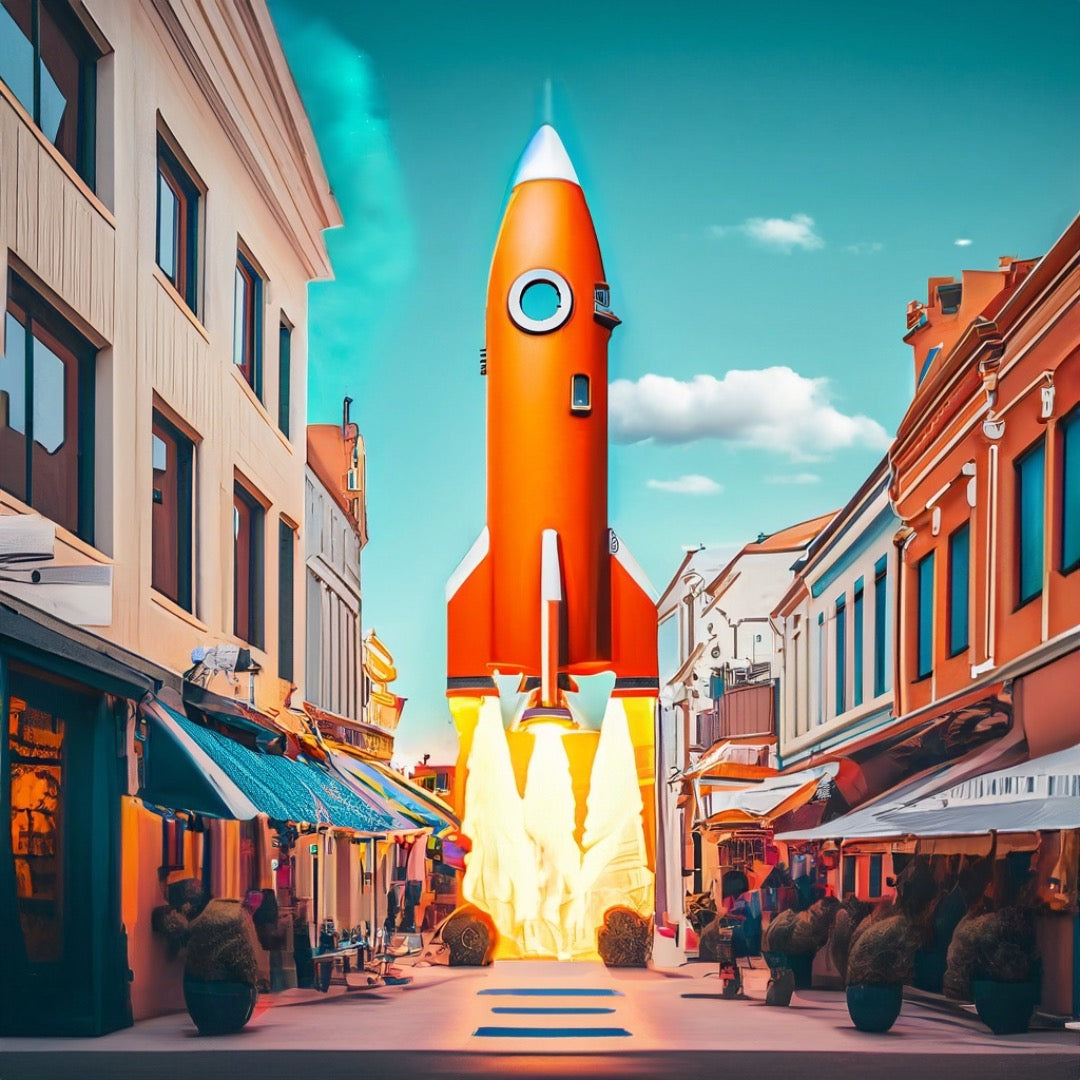 an orange rocket ship about to launch in a small town filled with retail stores