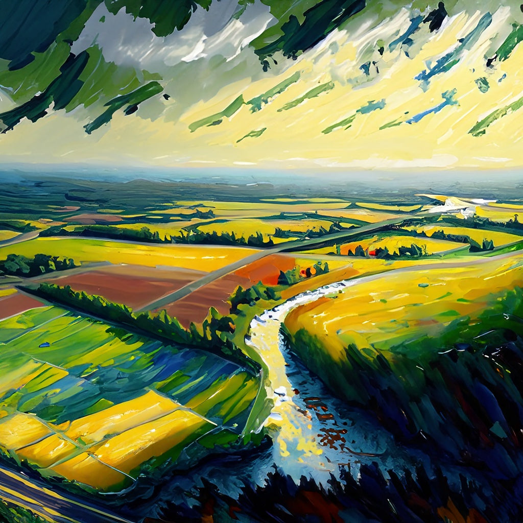 A painting of a the view from a hot air balloon as a metaphor for the benefits of performance based marketing.