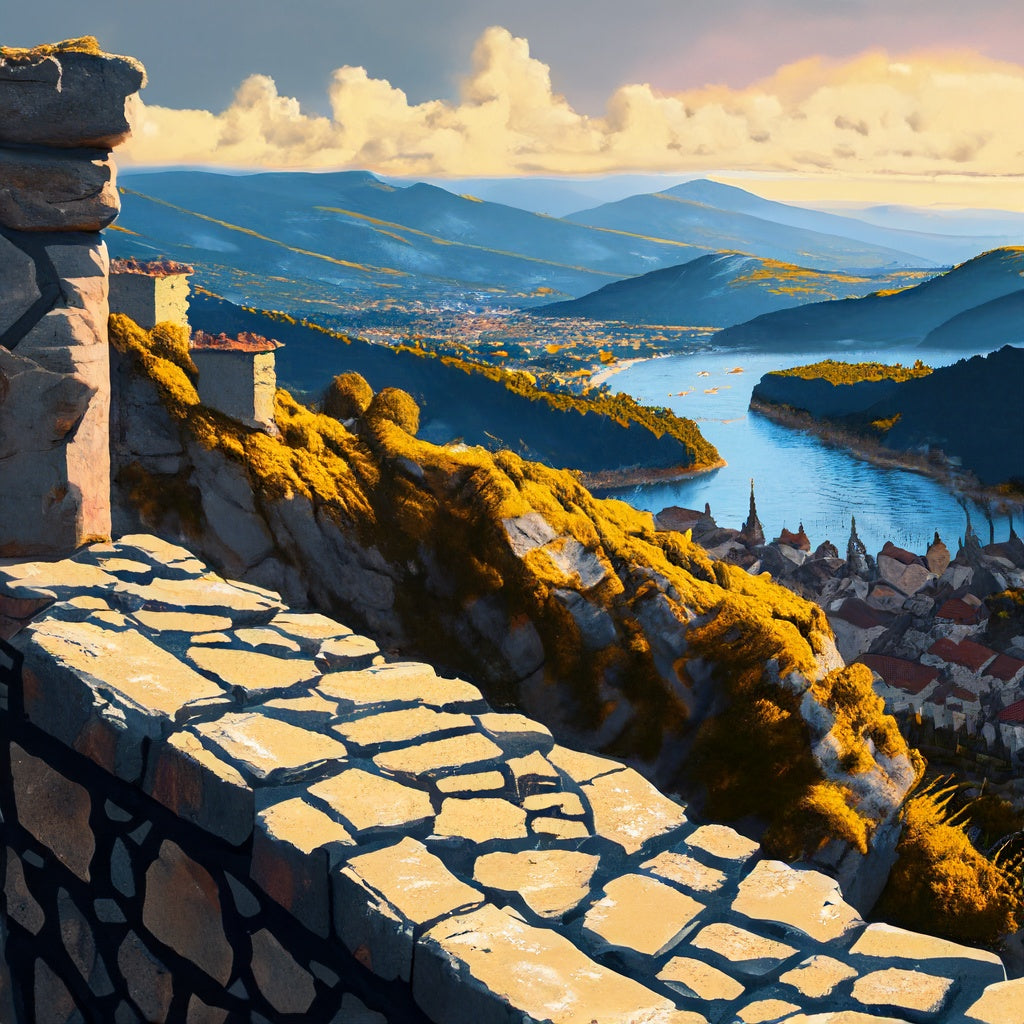 A painting of a the view from a castle as a metaphor for the benefits of tradtional marketing.