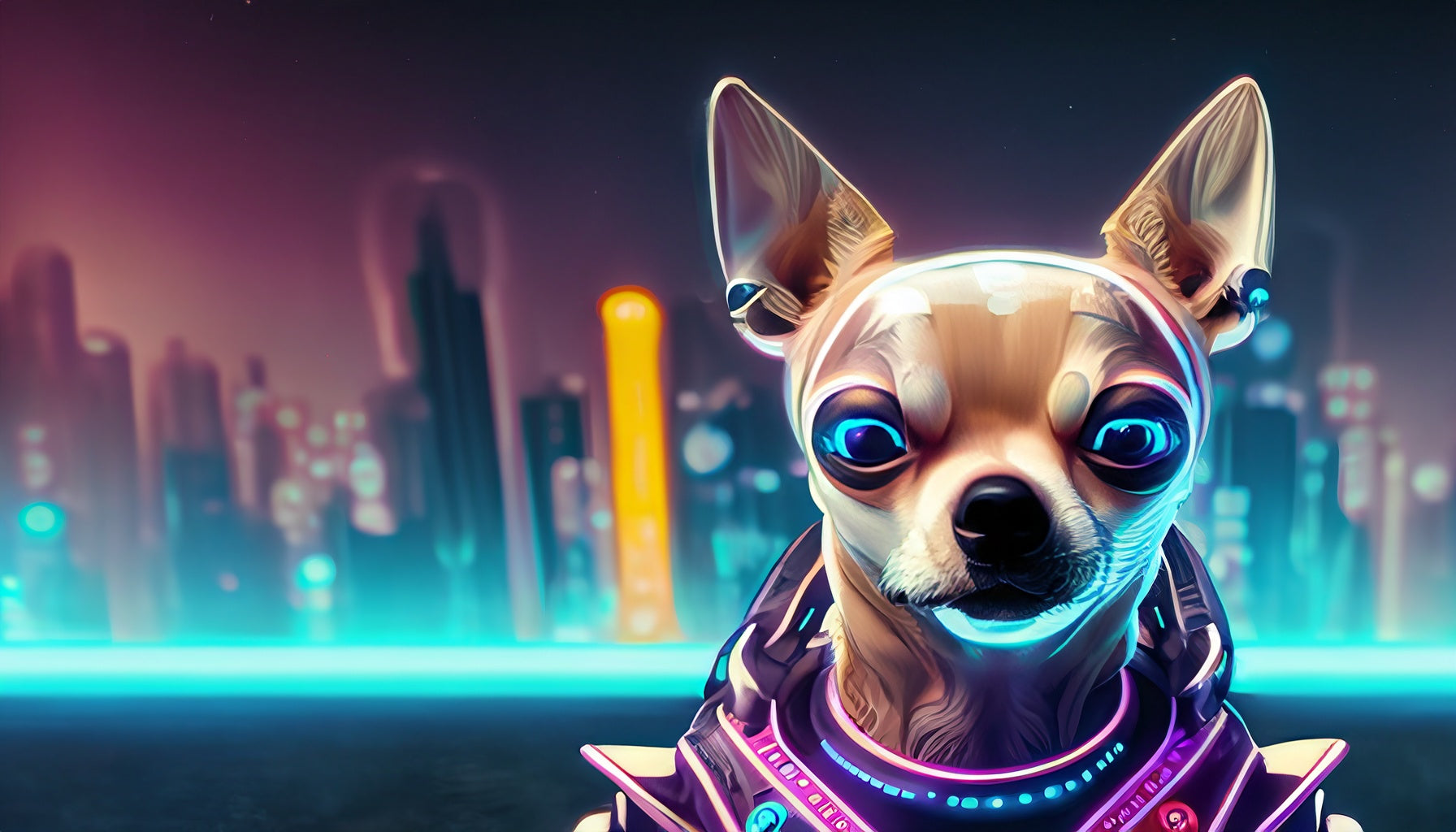 A close up chihuahua who is our performance marketing mascot dressed in a spacesuit with a futuristic city in the background