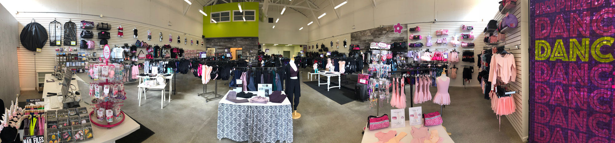 Panoramic interior photo of Inspirations Dancewear retail store in Kitchener, Ontario, Canada